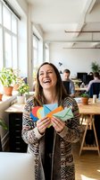 Woman holding colorful paper origami crane in modern office workspace with colleagues working at desks, natural light from windows, plants on windowsill, creative team environment.