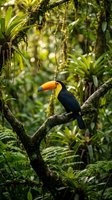 Colorful toucan perched on moss-covered branch in lush tropical rainforest with vibrant green foliage and natural sunlight filtering through canopy.
