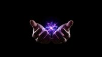 Hands holding glowing purple electric energy ball with lightning effects on black background, isolated for design use.