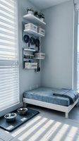 Modern pet corner with organized wall storage shelves, dog bed, feeding bowls and grooming supplies in minimalist blue interior design for animal care space.