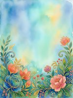Watercolor floral background with pink blooms, gold accents, and green leaves on a soft blue gradient. Great for cards and invitations.