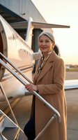 Mature woman with gray hair boarding private jet, wearing camel coat and scarf, holding metal staircase railing, smiling at camera during golden hour at airport tarmac.