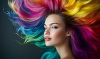 Young woman with vibrant rainbow-colored hair flowing dramatically against dark background, showcasing creative hair coloring techniques for salon advertising.