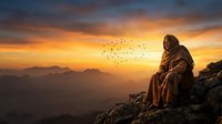 Hooded figure in brown robe sits on mountain peak at sunset with birds flying overhead. Spiritual meditation and contemplation concept for wellness content.