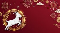 Zodiac goat symbol in golden circle with fireworks, lanterns and stars on burgundy background for lunar new year celebrations and festive designs.