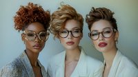 Diverse group of stylish women wearing glasses and short trendy hairstyles pose together. African American, Asian and Caucasian models in white business attire showcase modern eyewear.