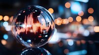 Sound wave visualization inside crystal sphere with bokeh city lights background, representing audio frequency analysis and digital technology concepts.