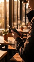 Young Asian man using smartphone with glowing shopping cart icons floating above screen in warm sunlit cafe, mobile commerce concept.