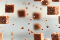 Brown sugar cubes floating in space with scattered granules against light background, creating dynamic composition for food and beverage concepts.