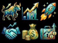 Watercolor finance icon set with bull, growth chart, rocket, handshake, money bag, coins, and briefcase, isolated on transparent background for stickers, clipart, print on demand.
