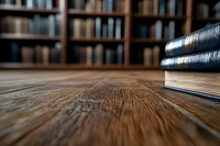 Old books stacked on rustic wooden table with blurred library shelves background, shallow depth of field perspective focusing on textured wood grain surface.