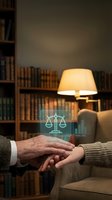 Two hands shaking in agreement with digital justice scales and risk level graphics overlay in cozy library office setting for legal consulting services.
