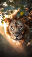 Majestic male lion face close-up with intense gaze through green foliage at golden sunset, dramatic lighting highlighting mane and facial features against blurred background.