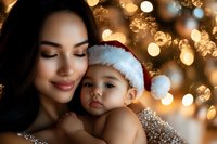 Young Asian mother and baby wearing Santa hats share tender moment against glowing Christmas lights background with soft bokeh effect creating magical holiday atmosphere.