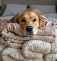 Golden retriever dog resting comfortably on cozy blankets in bedroom setting with soft natural lighting for pet care and companionship concepts.