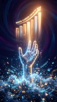 Futuristic digital hand reaching toward glowing career growth chart with upward arrow in cyberpunk style technology background for business success concepts.
