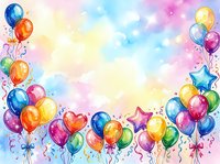 Colorful balloons and stars frame a soft watercolor sky in pastel tones, creating a festive celebration background suitable for party invitations and greeting cards.