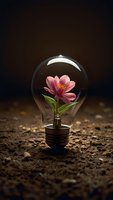 Pink flower blooming inside light bulb on soil background, symbolizing growth, innovation, and environmental sustainability.