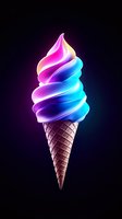 Vibrant neon ice cream cone with swirled pink blue purple colors in waffle cone on dark background for summer dessert designs.