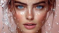 Young woman with wet skin and water droplets on face after shower or spa treatment for skincare and beauty routine.