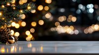 Festive winter scene with pine branches and golden bokeh lights reflecting on wooden surface, creating magical holiday atmosphere with warm glowing decorations.