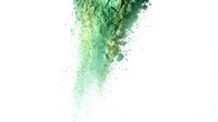 Crushed green powder pigment dispersing in cloud formation on white isolated background, suitable for cosmetics, art, design projects, and product packaging.