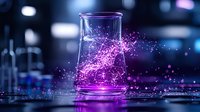 Glowing purple particles emerging from laboratory beaker against dark background with bokeh lights create magical scientific atmosphere in research lab setting.