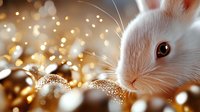 White rabbit close up on golden bokeh background with glitter and sparkles, magical holiday atmosphere for greeting cards and festive designs.