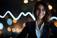Young businesswoman with bright smile wearing black blazer and white shirt against blurred bokeh lights and glowing wavy neon line background.