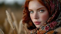 Young Caucasian woman with red hair and blue eyes wearing floral headscarf in autumn setting with pampas grass, soft natural lighting creates dreamy atmospheric portrait.