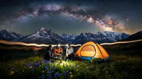 Camping under starry night sky with Milky Way galaxy above mountain peaks. Tent glowing warmly as friends gather around campfire in alpine meadow.