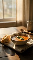 Steaming tomato basil soup in a rustic ceramic bowl with crusty bread on a linen napkin, warm sunlight streaming through a window.