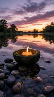 Stone bowl candle burning peacefully on river rocks at sunset with dramatic purple sky reflecting in calm water for meditation and spiritual wellness.
