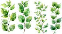 Fresh green watercolor leaves and branches on white background, botanical elements for nature-inspired designs. Isolated artwork ready for digital use.
