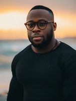 Young African American man wearing glasses and black t-shirt against blurred sunset background, expressing confidence and professionalism in outdoor portrait setting.