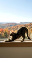 Tabby cat stretching on windowsill with autumn foliage landscape view. Cozy indoor pet scene with fall colors and mountains in background for home decor concepts.