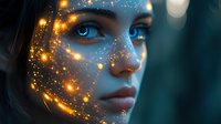 Mystical female portrait with glowing golden sparkles and magical light effects on face against dark background, dramatic fantasy makeup art concept.
