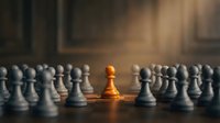 Golden pawn standing out among white pawns on chessboard, symbolizing leadership, uniqueness, and competitive advantage in business strategy.