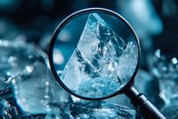 Magnifying glass focusing on pure crystal structure in blue tones, showing detailed mineral formation and natural geometric patterns in macro photography.