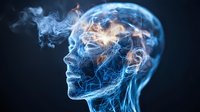 Ethereal profile of human head formed by glowing blue and orange smoke effect against dark background, representing consciousness and mind concept.