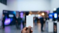 Blurred tech conference or trade show background with hand holding blank white card for mockup, branding, or promotional use.