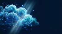 Digital cloud computing concept with glowing blue network connections and data streams on dark background for technology presentations.