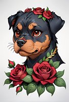 Rottweiler dog portrait with red roses and flower crown in cartoon style on light background. Decorative pet illustration for prints and merchandise.