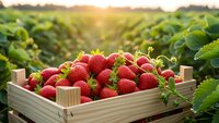 Fresh ripe strawberries in wooden crate at sunrise farm field with green plants rows stretching into distance creating natural agricultural harvest scene.
