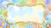 Colorful watercolor kids background with gold ornate frame, cute animals, stars, and clouds, perfect for baby shower or birthday card design.