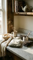 Cozy rustic kitchen scene with steaming coffee mug, wool blanket, dried lavender and vintage books on marble countertop creating warm hygge atmosphere.