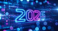 Futuristic neon 2026 numbers glowing in blue and purple light with digital circuit board background and bokeh effects for New Year celebration.