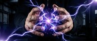 Two hands releasing powerful electric energy and lightning bolts between palms, symbolizing power, energy transfer, and supernatural force for technology and science concepts.