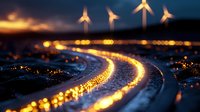 Illuminated highway curve with bokeh lights at dusk, wind turbines silhouetted against dramatic sky, showcasing renewable energy and transportation infrastructure.
