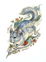 Chinchilla with flowing tail and ornamental floral swirls in blue, gold, and coral tones. Isolated on white background, ready for design use.